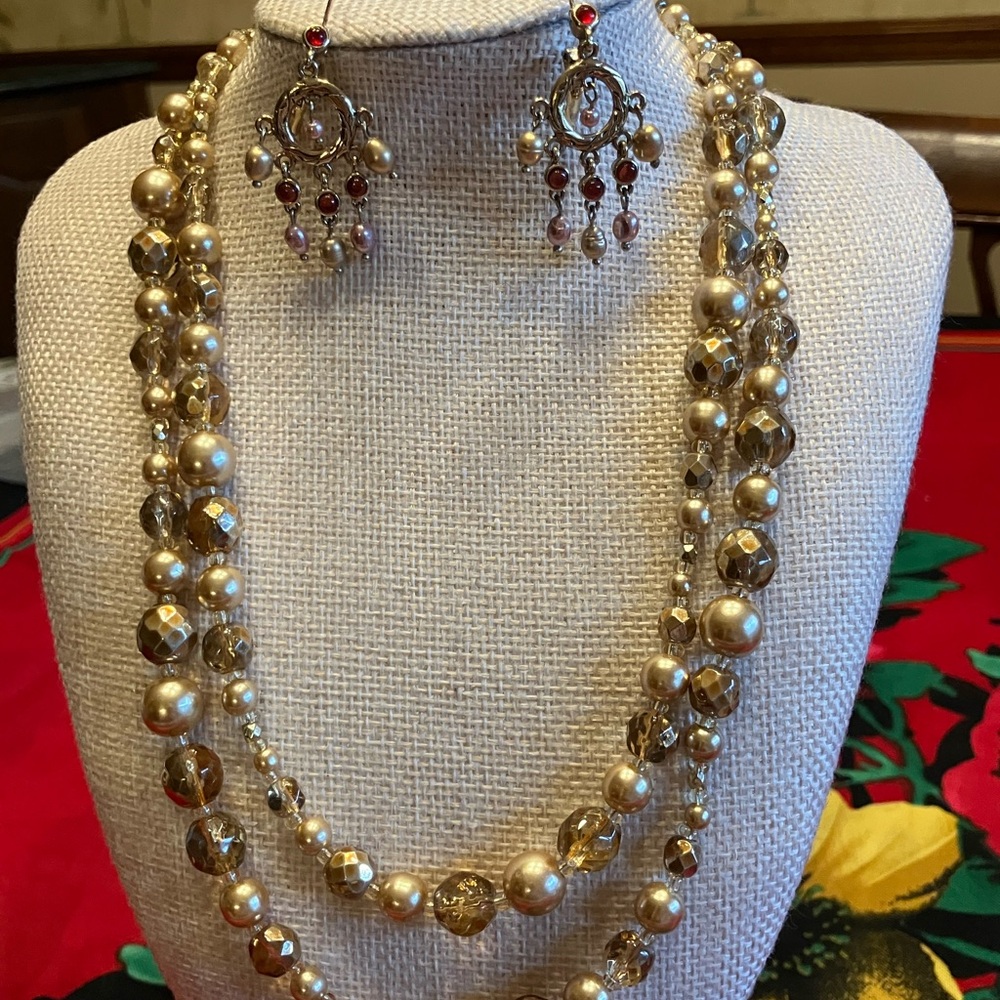 MONET EARRINGS AND DOUBLE STRAND PEARL AND CRYSTAL NECKLACE